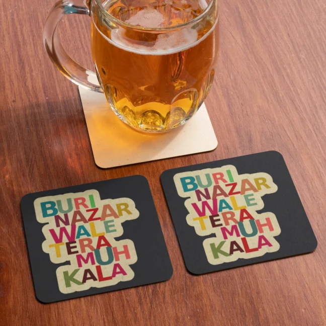 Therareparrot Quirky Funny Buri Najarwale Printed Premium Tea Coaster Set Of 2